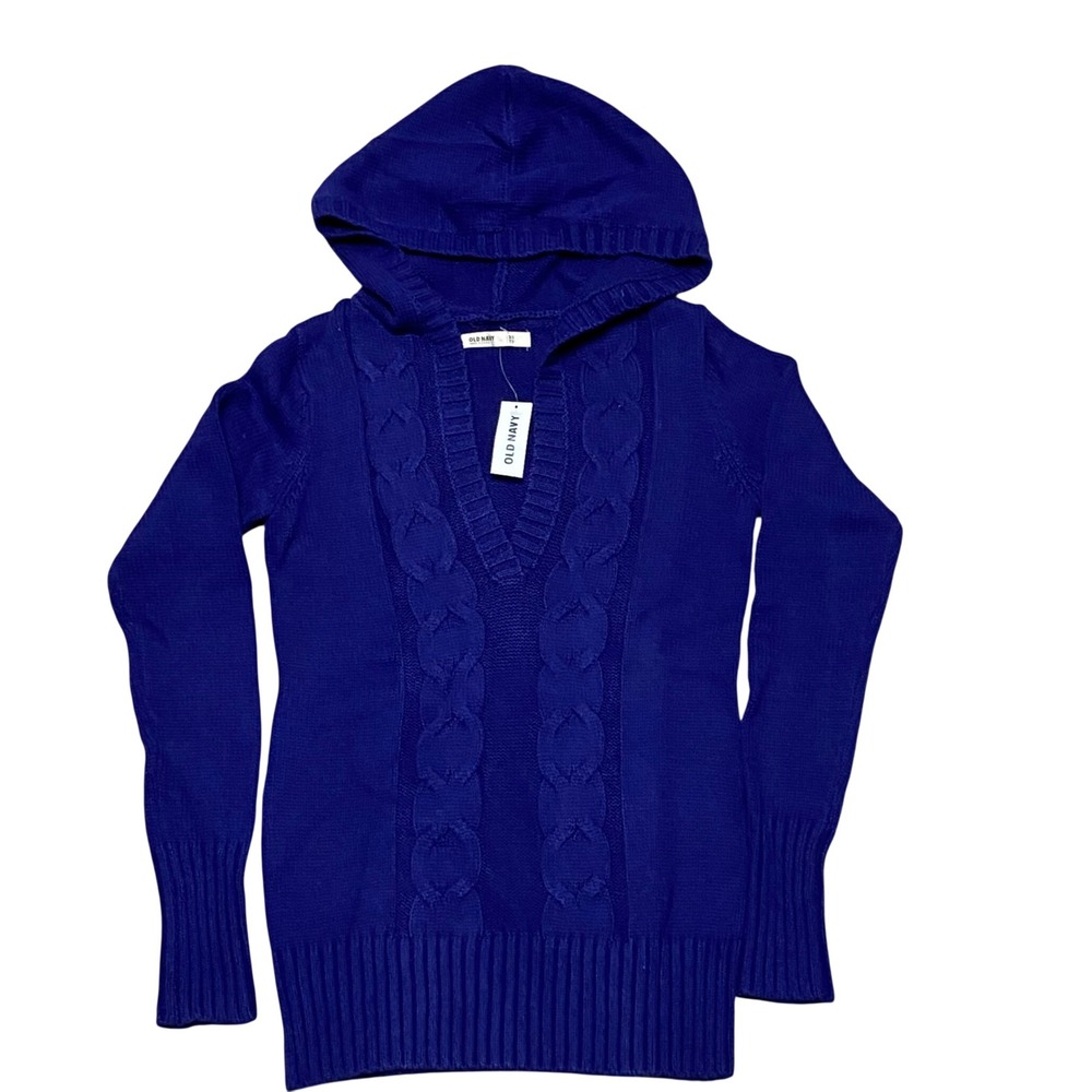 Old Navy Women Royal Blue Cable Knit Hooded V Neck Sweater Long Sleeve‎ XS NWT
